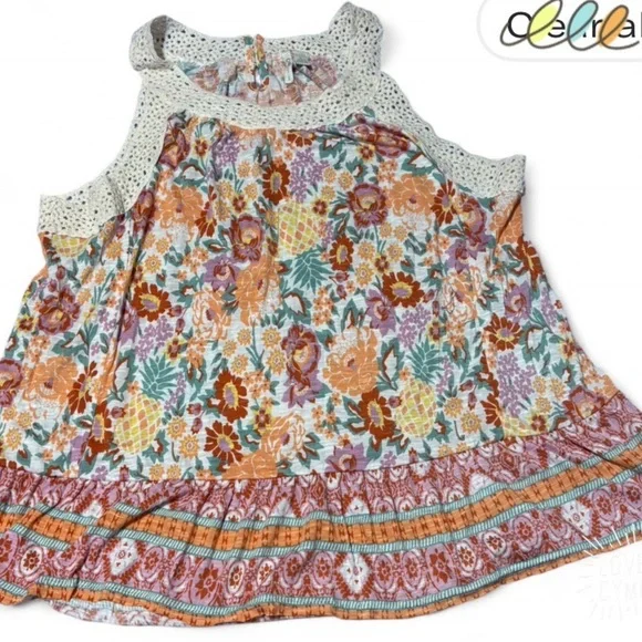 Cato Multicolor Floral Top with Crochet Neckline - Picture 1 of 9